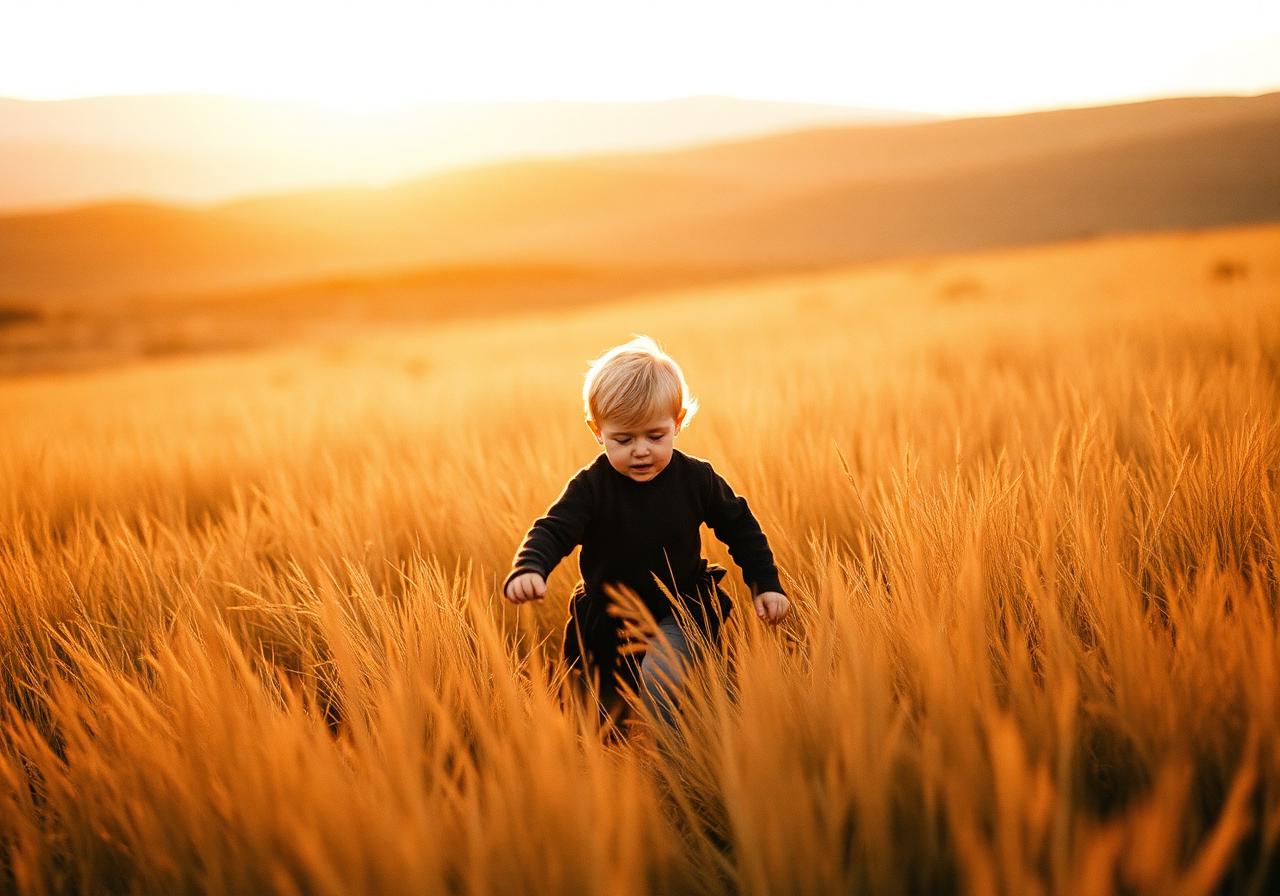 Toddler at sunset in tall grass