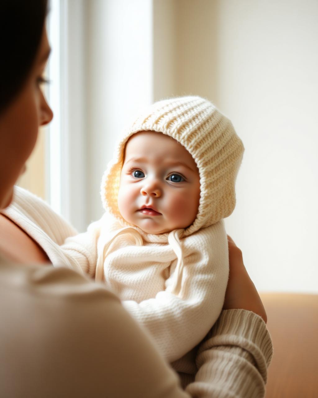 Baby in cream knit bonnet